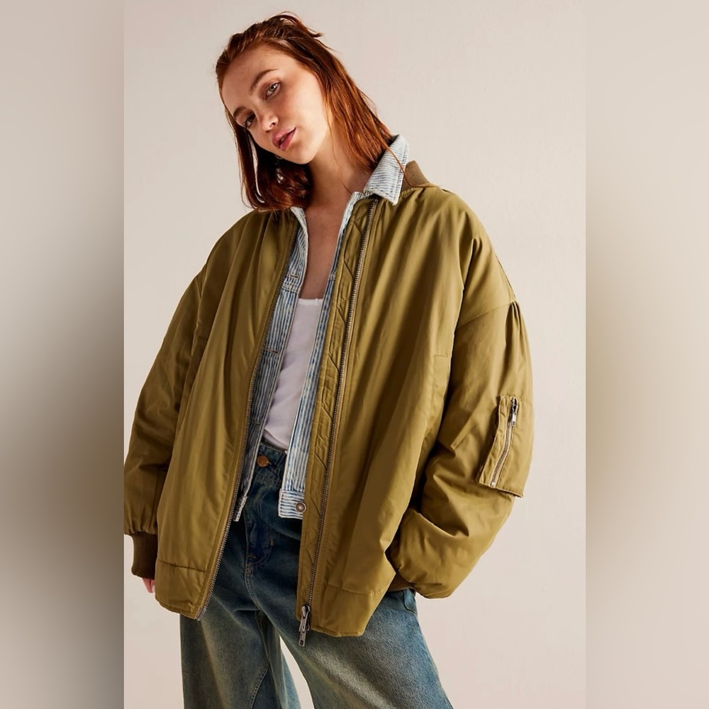 Free People We The Free Becca Bomber Jacket in Army Green NWT